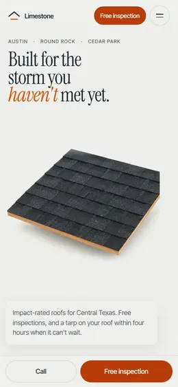 Actual phone screenshot of the Limestone Roofing homepage